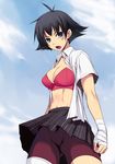  alternate_costume amei_sumeru arm_wrap bandages bandaid bandaid_on_face bike_shorts black_eyes black_hair bra breasts cleavage flipped_hair large_breasts lingerie makoto_(street_fighter) open_clothes open_mouth open_shirt school_uniform shirt short_hair shorts shorts_under_skirt skirt solo street_fighter street_fighter_iii_(series) street_fighter_iv_(series) tomboy underwear upskirt wind wind_lift 