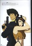  1boy 1girl arms_up back-to-back bare_shoulders black_hair breasts brown_eyes cowboy_bebop faye_valentine fighting_stance formal green_eyes gun handgun headband highres kawamoto_toshihiro lipstick looking_at_viewer makeup midriff navel official_art pistol purple_hair red_eyes scan short_hair simple_background smile spike_speigel spike_spiegel standing suit suspenders text translation_request weapon white_background 