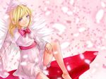  bad_id bad_pixiv_id barefoot blonde_hair blue_eyes blush bow capelet cherry_blossoms dress fairy grin hat lily_white mkcrf petals sash sitting smile solo torii touhou wings 