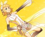  bad_id bad_pixiv_id blonde_hair bow detached_sleeves green_eyes hair_bow hair_ornament hairclip headphones kagamine_rin kagamine_rin_(append) navel short_hair smile solo tim_(tim411) vocaloid vocaloid_append 