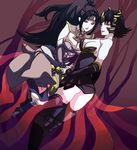  2girls armor ass bare_shoulders black_hair bokudon boots breasts cleavage evil female fingerless_gloves gloves hand_holding headband headdress holding_hands inahime lips long_hair multiple_girls ponytail red_eyes samurai_warriors_3 sengoku_musou sengoku_musou_2 sengoku_musou_3 short_hair sideboob strapless tachibana_ginchiyo thigh_boots thighhighs tiara yuri 