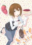  bad_id bad_pixiv_id bag banned_artist blueberry blush brown_eyes brown_hair cake carrying casual food fork fruit hair_ornament hairclip high_heels hirasawa_yui k-on! leg_up mandarin_orange mirai_(macharge) mouth_hold plate shoes short_hair smile solo standing standing_on_one_leg strawberry 