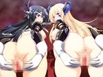  2girls anus armor ass bad_end black_hair blonde_hair bottomless breasts censored corruption cum dark_persona gloves justice_blade justice_blade_3 long_hair looking_back magical_girl maika multiple_girls nipples pussy rashetto_goldwell sentai sideboob vagina yuuki_saki 