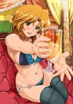  :d bikini blush breasts brown_hair cleavage couch cup dream_c_club dream_c_club_(series) drinking_glass foreshortening front-tie_top futaba_riho green_eyes highres ice ice_cube medium_breasts navel o-ring o-ring_bottom open_mouth outstretched_arms shiny shiny_skin shu-z side-tie_bikini sitting smile solo sparkle swimsuit thighhighs wine_glass 