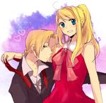  1girl alternate_costume bad_id bad_pixiv_id bare_shoulders blonde_hair blue_eyes braid couple dress earrings edward_elric formal fullmetal_alchemist hetero jacket jewelry long_hair necktie pocky1202 ponytail ribbon teeth winry_rockbell yellow_eyes 