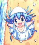  :d beach blue_eyes blue_hair from_above hoshizaki_hikaru ikamusume looking_up open_mouth outstretched_arms shinryaku!_ikamusume smile solo spread_arms 