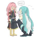  aqua_hair armband bad_id bad_pixiv_id bare_shoulders black_footwear black_skirt blush boots breasts brooch candy child closed_eyes comforting crying detached_sleeves english flying_sweatdrops food hairband hatsune_miku holding jewelry koma_(remi_398) lollipop long_hair medium_breasts megurine_luka miniskirt multiple_girls pink_hair pleated_skirt skirt skirt_set sleeveless squatting standing swirl_lollipop thigh_boots thighhighs thought_bubble very_long_hair vocaloid white_background yellow_footwear younger 