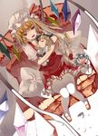  blonde_hair chair character_doll cushion easy_chair flandre_scarlet from_above kirisame_marisa knees_touching kureha_(ironika) looking_at_viewer looking_up mary_janes red_eyes remilia_scarlet shoes sitting smirk solo stuffed_toy thighhighs touhou white_legwear 