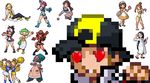  6+girls ^_^ adjusting_glasses aliasing aloe_(pokemon) apron art artist_request backers_(pokemon) bangs bel_(pokemon) bell_(pokemon) belt bikini black_hair blonde_hair brown_hair cheerleader clerk_(pokemon) cutoffs dress ethan_(pokemon) fuuro_(pokemon) game_sprite glasses gold_(pokemon) green_hair gym_leader hat heart heart_eyes hibiki_(pokemon) high_ponytail kamitsure_(pokemon) labcoat long_hair long_skirt looking_back lowres midriff miniskirt multiple_girls nintendo npc npc_trainer office_lady office_lady_(pokemon) pants pencil_skirt pixel pixel_art pkmn_ranger_(pokemon) poke_ball pokeball pokemon pokemon_(game) pokemon_black_and_white pokemon_bw pokemon_heartgold_and_soulsilver pokemon_hgss pokemon_ranger pokemon_ranger_(npc) ponytail scientist_(pokemon) short_hair short_shorts shorts side_ponytail simple_background sitting skirt smile squatting standing swimmer_(pokemon) swimsuit symbol-shaped_pupils touko_(pokemon) trainer_class tray very_long_hair waitress waitress_(pokemon) white_(pokemon) white_background 