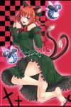  :d alternate_eye_color animal_ears arms_up barefoot blue_eyes bow braid breasts cat_ears cat_tail checkered checkered_background dress extra_ears fangs feet hair_bow halo jumping kaenbyou_rin long_dress looking_at_viewer medium_breasts multiple_tails open_mouth paw_pose red_hair ryou_(pixiv779953) sample sidelocks slit_pupils smile solo tail toes touhou twin_braids v-shaped_eyebrows zombie_fairy 