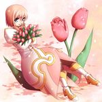  boots dress estellise_sidos_heurassein flower green_eyes izumo_(pixiv362913) knee_boots pink pink_background pink_dress pink_hair short_hair solo tales_of_(series) tales_of_vesperia tulip 