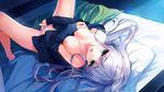  bare_legs bare_shoulders bed blue_hair breasts cardigan eyebrows_visible_through_hair furukawa_yui game_cg green_eyes hand_in_panties kuroya_shinobu long_hair lying masturbation medium_breasts nipples no_pants non-web_source on_back open_mouth panties self_fondle shirt_pull solo spread_legs striped striped_panties underwear ushinawareta_mirai_wo_motomete wet wet_clothes wet_panties 