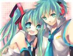  1girl aqua_eyes aqua_hair aqua_nails bad_id bad_pixiv_id genderswap genderswap_(ftm) hatsune_miku hatsune_mikuo headset hug kosuzume long_hair nail_polish necktie open_mouth short_hair smile vocaloid 