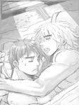  2boys artist_request bara bed capcom cuddle cuddling drooling frown ken_masters male male_focus monochrome multiple_boys muscle nipples ryuu_(street_fighter) sleeping source_request street_fighter sweat sweatdrop topless yaoi 