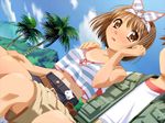  belt blue_lagoon_~minami_no_umi_no_manan~ blush brown_eyes brown_hair camisole game_cg hairband lola_andalucia midriff mountain navel ojiri_shin'ya palm_tree shirt short_hair skirt solo_focus striped striped_shirt tan tanline tree vest 