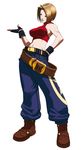  baggy_pants bare_shoulders belt blonde_hair blue_eyes blue_mary boots breasts falcoon fatal_fury fingerless_gloves gloves halterneck highres large_breasts lips loose_belt midriff navel pants short_hair solo the_king_of_fighters the_king_of_fighters_2003 
