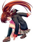  absurdres bow brown_hair full_body highres kneehighs little_busters! long_hair natsume_rin oyu_no_kaori pink_bow plaid plaid_skirt ponytail pose red_eyes ribbon school_uniform skirt solo transparent_background 