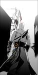  altair_ibn_la-ahad assassin's_creed assassin's_creed_(series) gloves greyscale hood knife male_focus monochrome sheath sheathed solo vambraces weapon weapon_on_back 