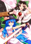  arm_cannon blue_hair bow brown_hair cape food fruit genjuu_rou green_bow hair_bow hat highres hinanawi_tenshi long_hair multiple_girls peach red_eyes reiuji_utsuho sword sword_of_hisou third_eye touhou weapon wings 