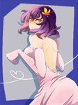  akasata alternate_costume back backless_dress backless_outfit bad_id bad_pixiv_id bare_shoulders blush dress elbow_gloves embarrassed formal from_behind gloves hair_ornament heart leaf looking_back oekaki purple_hair red_eyes short_hair solo sweatdrop touhou yasaka_kanako 