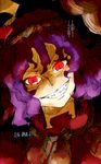  angry close-up crazy evil face grin head_tilt oso_(toolate) parted_lips purple_hair rape_face red_eyes short_hair slit_pupils smile solo touhou yasaka_kanako 
