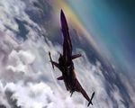  airplane anti-u.n. artist_request cloud flying highres jet macross macross_zero mecha no_humans nora_polyansky realistic sky sunrise sv-51 variable_fighter 