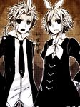  1girl brother_and_sister chise_(choco529) formal hair_ribbon himitsu_keisatsu_(vocaloid) kagamine_len kagamine_rin monochrome necktie ribbon short_hair siblings skirt suit twins vocaloid 