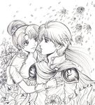  cape couple earrings eliwood eye_contact fingerless_gloves fire_emblem fire_emblem:_rekka_no_ken fire_emblem_blazing_sword flower gloves hair_ornament jewelry long_hair looking_at_another lyn lyndis_(fire_emblem) monochrome petals ponytail short_hair tiara very_long_hair 