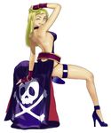  back backless_dress backless_outfit bare_back belt blonde_hair bonne_jenet dress fatal_fury fingerless_gloves full_body gloves high_heels legs long_hair looking_back mark_of_the_wolves official_art one_eye_closed senno_aki shoes simple_background skull_and_crossbones smile snk solo thigh_strap 