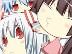  blue_hair blush bow brown_hair closed_eyes fujiwara_no_mokou hair_bow houraisan_kaguya kamishirasawa_keine multiple_girls o3o parody red_eyes rioshi silver_hair smooooch touhou white_hair 