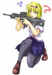  ? alice_margatroid alternate_costume bad_id bad_pixiv_id blonde_hair blue_eyes bullpup gun hairband highres junkei kel-tec kel-tec_rfb left-handed one_knee pantyhose rifle school_uniform short_hair skirt solo touhou weapon 