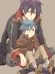  age_difference blue_hair brown_background child frown garlock_simon green_eyes kamina kuroemon male_focus multiple_boys older red_eyes simon sitting tengen_toppa_gurren_lagann time_paradox 