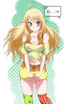  :&lt; ahoge bad_id bad_pixiv_id bare_shoulders blonde_hair blush body_blush emoticon frown green_eyes highres hoshii_miki idolmaster idolmaster_(classic) kneehighs long_hair mismatched_legwear multicolored multicolored_clothes multicolored_legwear ookami_maito over-kneehighs print_legwear skirt solo star star_print striped striped_legwear thighhighs v_arms 