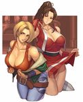 bad_id bad_pixiv_id bare_shoulders belt blonde_hair blue_mary breasts cleavage cropped_legs denim fatal_fury ibanen jeans large_breasts leaning_forward long_hair loose_belt multiple_girls pants pelvic_curtain ponytail shiranui_mai skirt skirt_lift the_king_of_fighters 