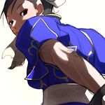  black_hair bracelet bun_cover china_dress chinese_clothes chun-li double_bun dress falcoon jewelry looking_back nose sash short_hair solo spiked_bracelet spikes street_fighter 
