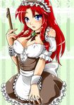  bad_id bad_pixiv_id blue_eyes braid breasts choker cleavage ehime_mikan_(chikoku_doumei) hong_meiling large_breasts long_hair maid red_hair solo touhou twin_braids 