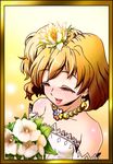  bouquet bride brown_hair eyes_closed flower flower_in_hair fresh_precure! fresh_pretty_cure! hair_flower hair_ornament jewelry necklace precure pretty_cure short_hair smile yamabuki_inori 