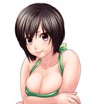  :t black_hair breast_squeeze breasts brown_eyes cleavage large_breasts morisato_yuuji original pout short_hair solo 