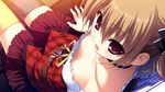  breasts choker down_blouse downblouse downshirt flat_chest game_cg grisaia_(series) grisaia_no_kajitsu irisu_makina looking_at_viewer looking_back looking_up miniskirt mismatched_legwear mismatched_thighhighs nipple_slip nipples no_bra purple_eyes skirt small_breasts solo thighhighs watanabe_akio 