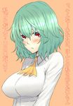  ascot blush breasts green_hair hiroya_juuren impossible_clothes impossible_shirt kazami_yuuka large_breasts red_eyes shirt short_hair shy simple_background solo touhou translated upper_body 