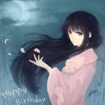  bad_id bad_pixiv_id black_hair brown_eyes crescent_moon dress happy_birthday houraisan_kaguya kotaro-nosuke long_hair moon petals touhou 