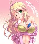  between_breasts blonde_hair breasts gift gift_between_breasts green_eyes happy_birthday hoshii_miki idolmaster idolmaster_(classic) idolmaster_2 jacket long_hair one_eye_closed ryusei2u solo tongue 