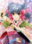  acrylic_paint_(medium) animal_ears asa_no_ha_(pattern) bad_id bad_pixiv_id bow cat_ears dagger highres japanese_clothes kimono kou_2_(artist) otome_youkai_zakuro pink_bow ribbon solo traditional_media weapon zakuro_(otome_youkai_zakuro) 