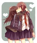  bag blazer brown_eyes brown_hair closed_eyes commentary_request couple hachiko_(hati12) hand_on_another's_head heart jacket kiss long_hair multiple_girls necktie original school_bag school_uniform skirt smile yuri 