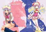  1girl alternate_costume bow elbow_gloves gloves hair_ornament highres long_hair magical_girl midriff multicolored_hair navel nia_teppelin one_eye_closed panties pantyshot pink_bow pink_skirt school_uniform serafuku short_hair skirt socks tengen_toppa_gurren_lagann thighhighs underwear yukimitsuki 