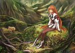  bodysuit boots brown_hair elhaym_van_houten forest gloves guchico highres legs light_rays long_hair long_legs looking_at_viewer nature pantyhose purple_eyes scenery sitting solo sunbeam sunlight thighs very_long_hair xenogears 