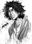  bad_deviantart_id bad_id beard collarbone earrings facial_hair greyscale jewelry male_focus messy_hair monochrome mugen mustache open_mouth reza_kabir samurai_champloo solo upper_body 