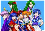  6+girls 74 arm_grab armor blue_eyes blue_hair blush bug butterfly cape capelet cecilia_(fire_emblem) closed_eyes double_bun fingerless_gloves fire_emblem fire_emblem:_fuuin_no_tsurugi gloves green_eyes green_hair harem hat headband hug insect lalum lilina long_hair midriff multiple_girls one_eye_closed open_mouth orange_hair purple_eyes purple_hair red_hair roy_(fire_emblem) short_hair skirt sofiya sue_(fire_emblem) sweatdrop thany 