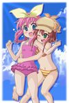  barefoot bikini blue_eyes blush cabbie_hat casual_one-piece_swimsuit child deerstalker green_eyes hair_ribbon hat highres hug ki_(adotadot) multiple_girls navel one-piece_swimsuit one_eye_closed pink_hair pink_swimsuit red_hair ribbon sherlock_shellingford sidelocks striped striped_bikini striped_swimsuit swimsuit tantei_opera_milky_holmes yellow_bikini yuzurizaki_nero 