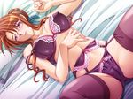  1girl bra cameltoe erect_nipples game_cg garter_belt gedou_yuusha hips innocent laying_down lingerie lying nail_polish nomad on_back panties purple_bra purple_panties shy solo spread_legs thick_thighs thighhighs thighs underwear wide_hips 